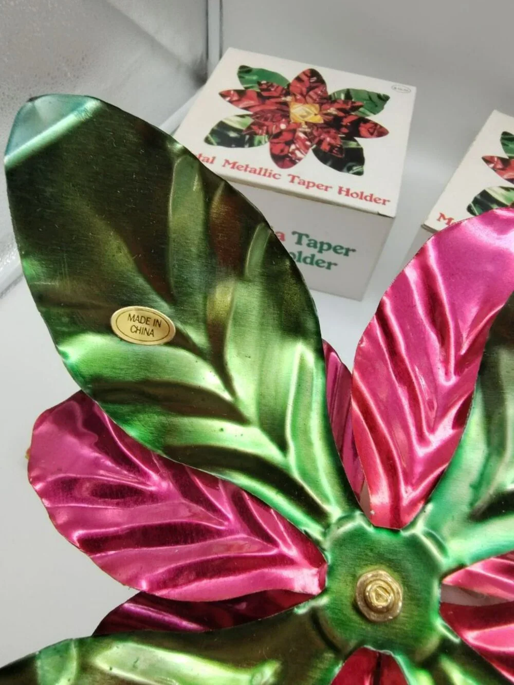 2 Vintage Christmas Taper Candle Holders Shiny metal Poinsettia Flower, Orig Box
